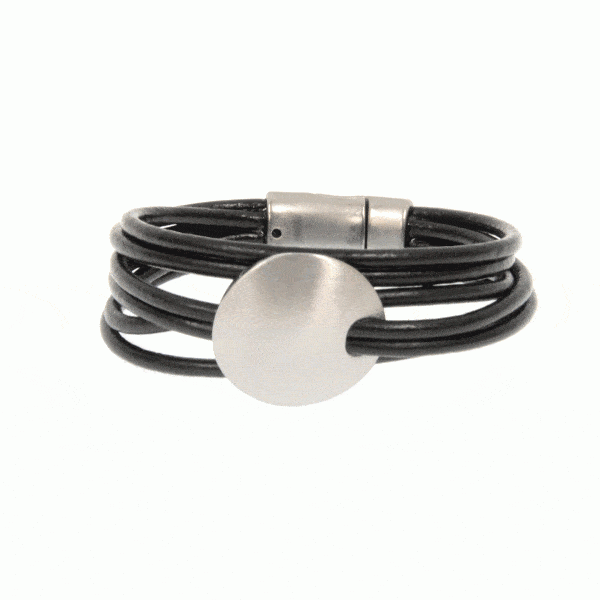 Black Leather Cord & Silver Disc Bracelet